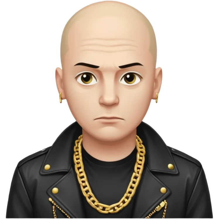 Bald Russian 1990s gangster emoji, leather jacket, , serious face emoji