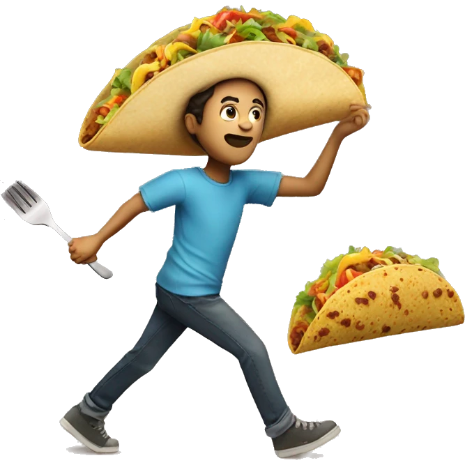 A boy with fork and knife chasing a life sized taco emoji