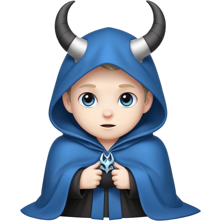 character with blue cloak, black body, white eyes, cute little horns peeking out from under the hood emoji