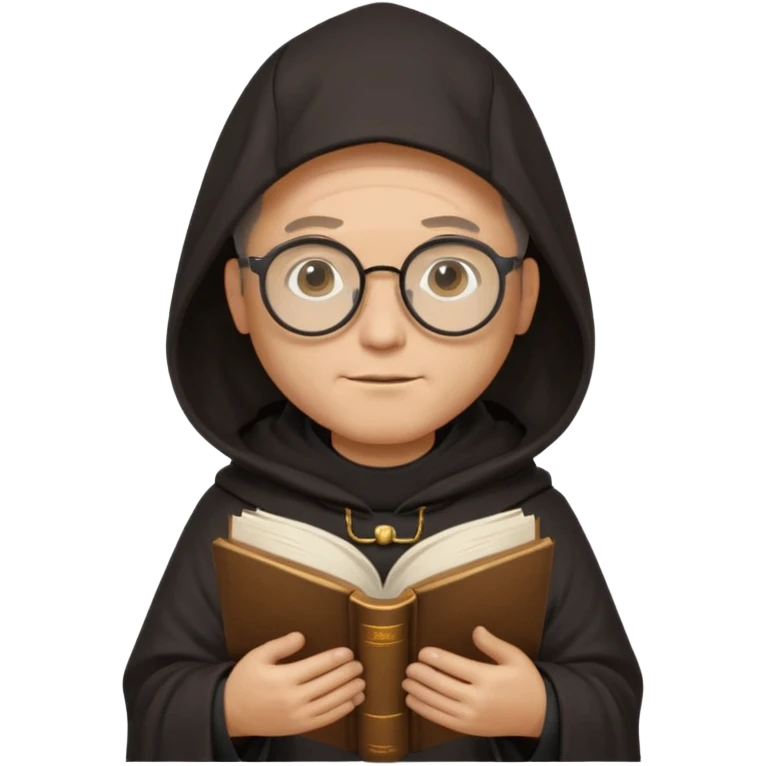 Monk priest prayer black habit with hood round black glasses done light brown wavy hair under hood remove the medallion smaller more round glassed age 46 no necklace more oval face hand holding book that says RB 480 emoji