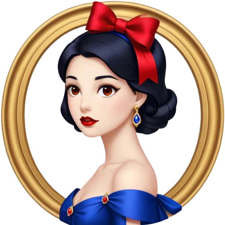 Cinematic Stunning Snow White Portrait Emoji, Fair skin glowing like porcelain, ruby-red lips, deep brown eyes full of kindness, raven hair framed by her iconic red bow, wearing her royal blue and gold gown, exuding timeless beauty and grace! emoji