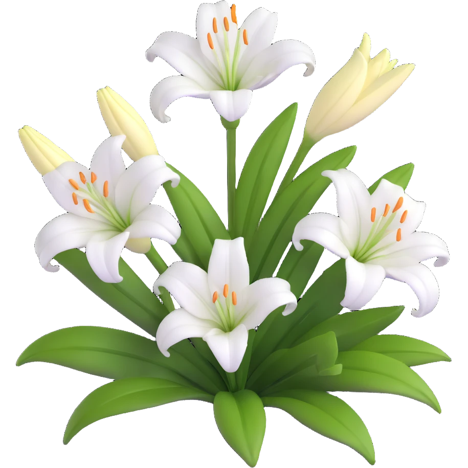 Elegant white lily flower with detailed petals and green foliage emoji