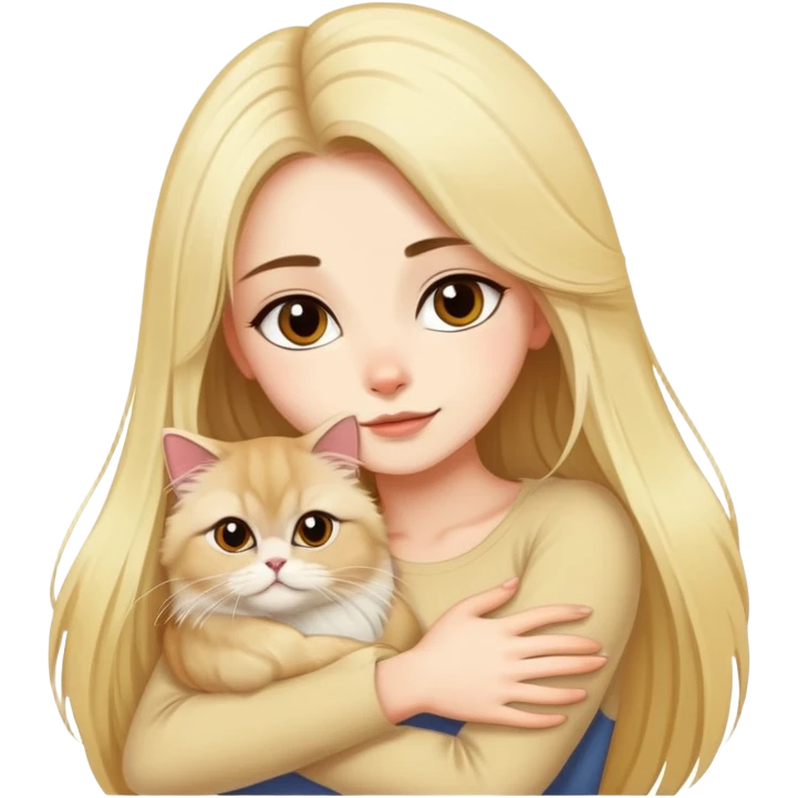 A pretty girl with long dark hair is hugging her blonde hair persian cat. emoji