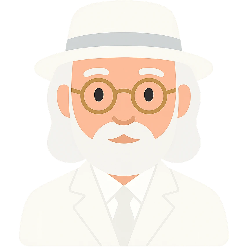 old man with a white hat, slightly long white beard, white moustache, round glasses, white suit, white longish hair, color icon emoji