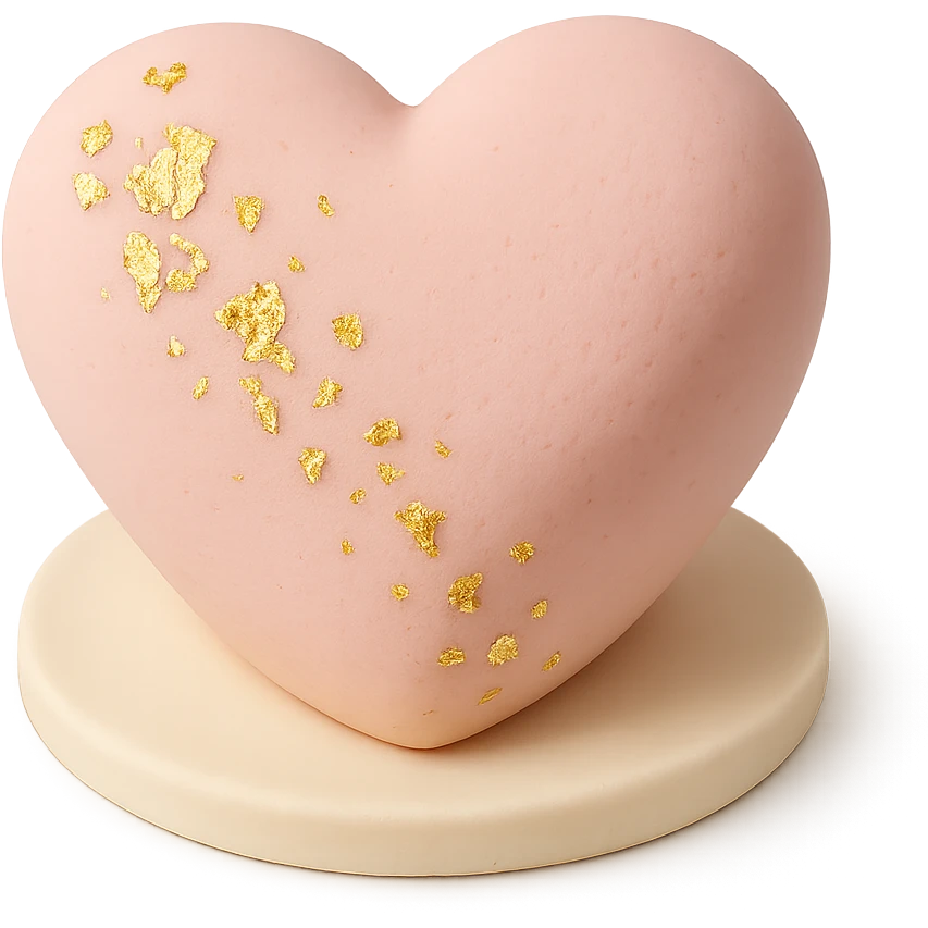 heart-shaped fondant cake with gold leaf emoji