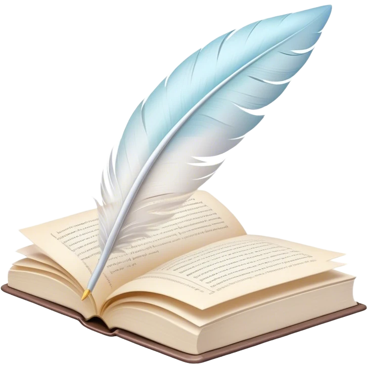 Create a delicate and poetic emoji representing poetry. The design should feature several elegantly flying pages with short poetic columns written on them. The pages should appear light and flowing, almost as if being carried by the wind. Include a white feather gently resting on the pages, symbolizing creativity and inspiration. Use soft, pastel tones like light creams to give it a dreamy, artistic feel. The design should feel ethereal and whimsical, capturing the essence of poetry. Make the background transparent. emoji