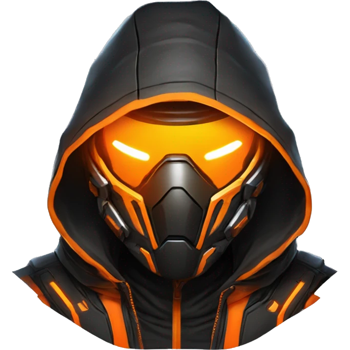 Side view developer behind his laptop with this style : crysis Cyberpunk Valorant orange glowing bright orange character orange black hooded assassin themed character emoji
