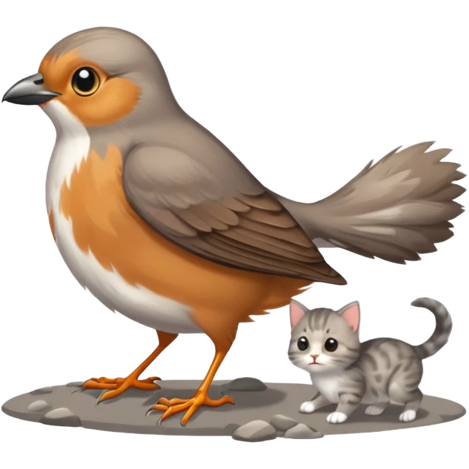 a beautiful thrush bird with a tiny kitten on the ground trying tioo chase it emoji