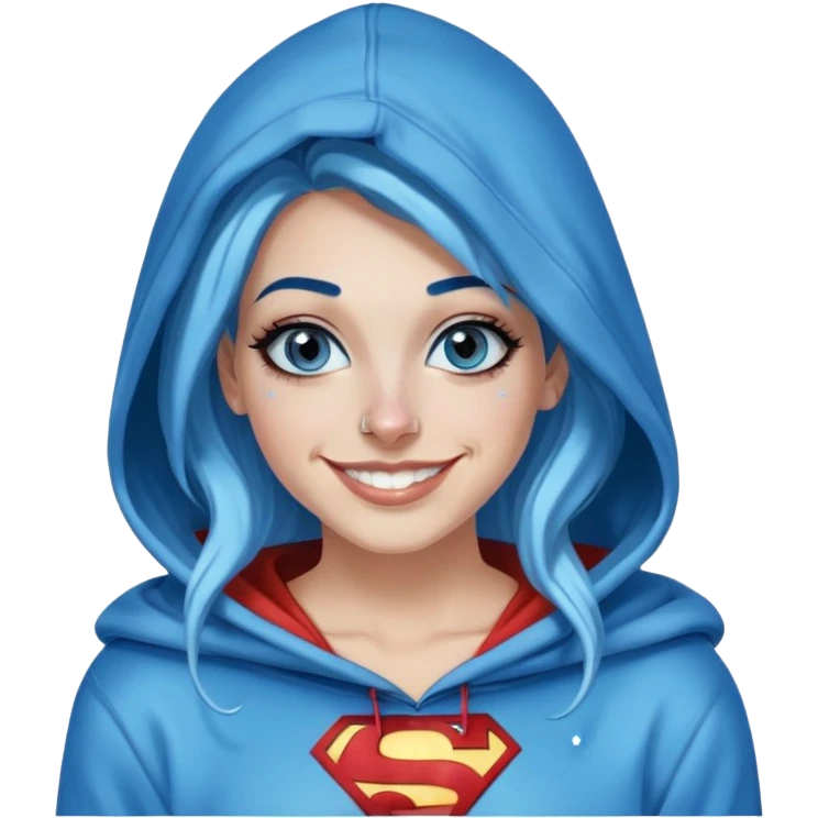 Teeth-showing-Smiling-30-year-old-adult-long-straight-dark-blue-and-glitter-in-hair-blue-eyes-thick-black-eyeliner-really-thick-really-long-eye-lashes-sky-blue-superman-hood-down-sweatshirt-nose-piercing-lip-pie emoji