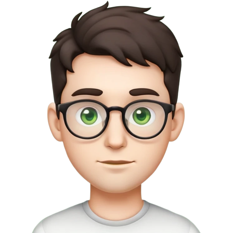 young male emoji with youthful face, poofier slightly curly dark hair, big ears, pale skin, glasses, green eyes, very light stubble emoji