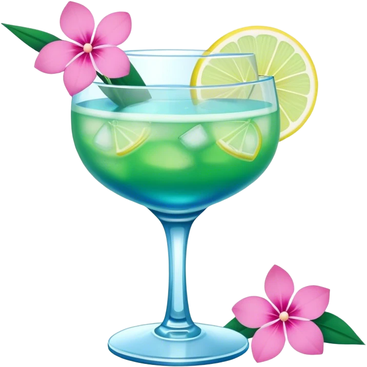 Blue/green cocktail with pink flowers and lemon emoji