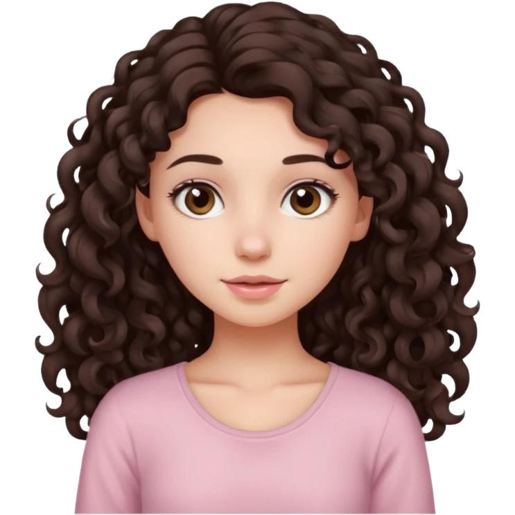 crée moi une jeune fille très belle avec les cheveux bouclés long brune avec un top de couleur rose clair emoji