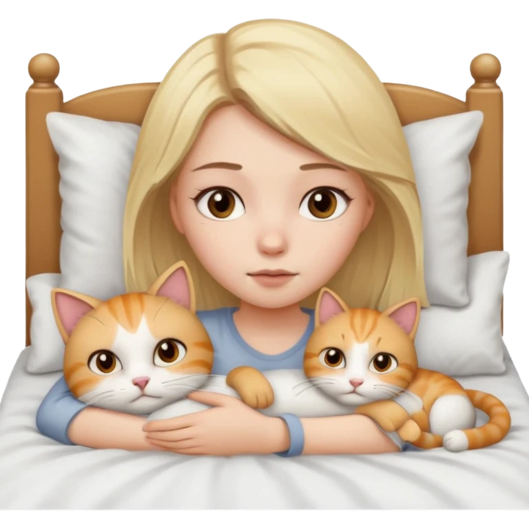 They recreate a photo of a blonde girl with light brown eyes, lying in bed sick with the flu, with her cat nearby. emoji