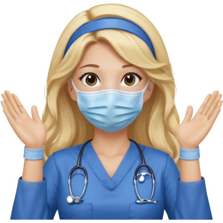 enfermera rubia con pelo largo sin balaca en el pelo, con mascarilla y guantes azules las dos manos arriba emoji