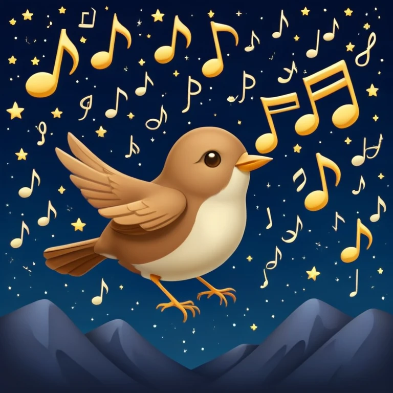 a nightingale bird singing with musical notes visible, flying against a dark starry night sky emoji