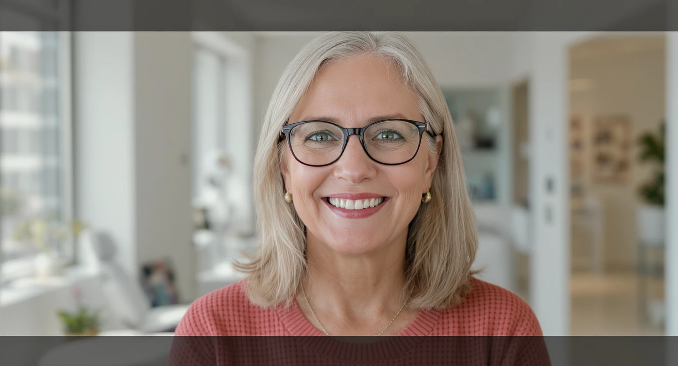 Cinematic still of a smiling european white woman with glasses smiling, minimalistic ophthalmologist interior in background, leading  lines, rule of thirds emoji