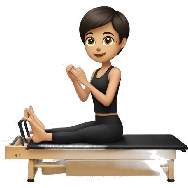 Brunette girl with short hair and black clothes doing stretches on Pilates reformer  emoji