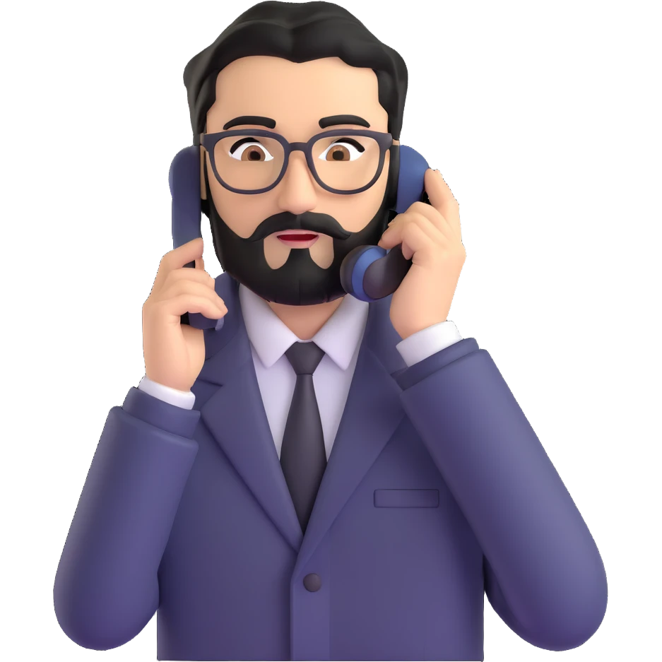 businessman with medium black beard, black hair styled to one side, connected unibrow, olive skin, brown eyes, glasses, prominent nose, in formal black jacket, in the process of dialing or answering phone call, with subtle modern office environment emoji