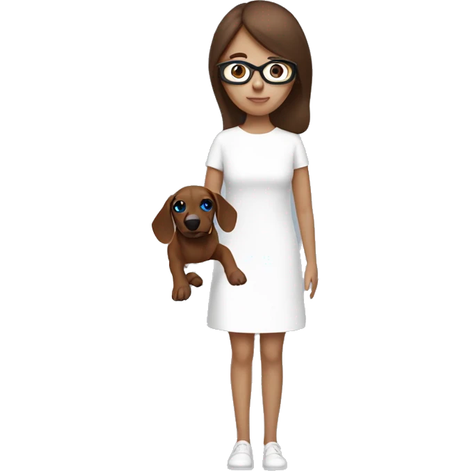 the brown hair girl with her blue eye wear a white minimal dress and her brown sausage dog emoji