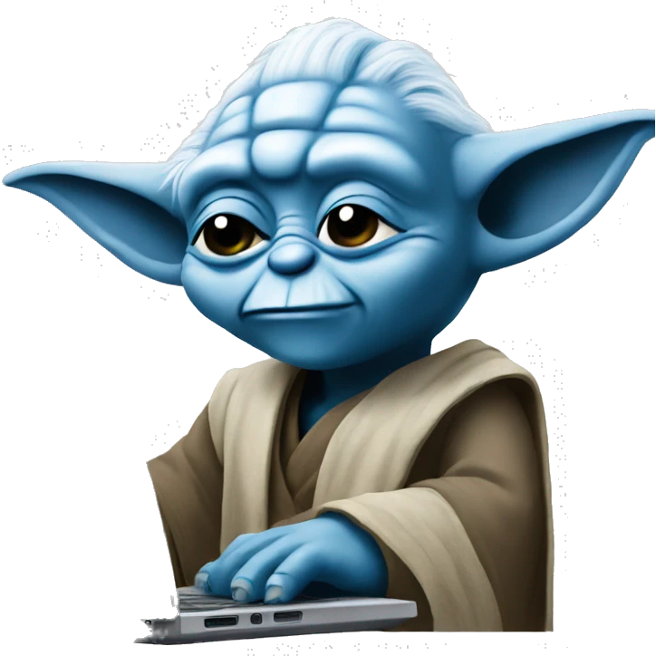 Blue yoda sitting happy at laptop working emoji
