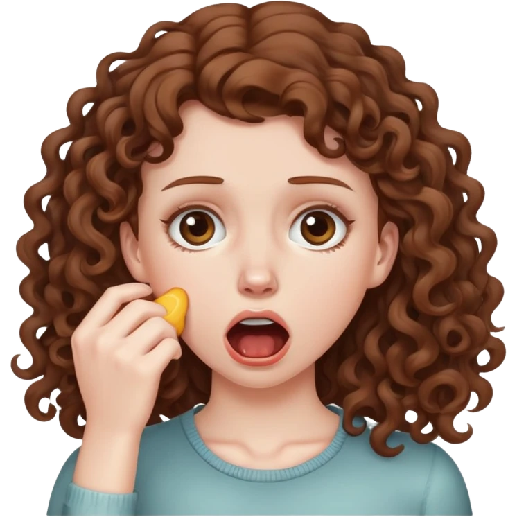 White girl with brown curly hair choking self emoji