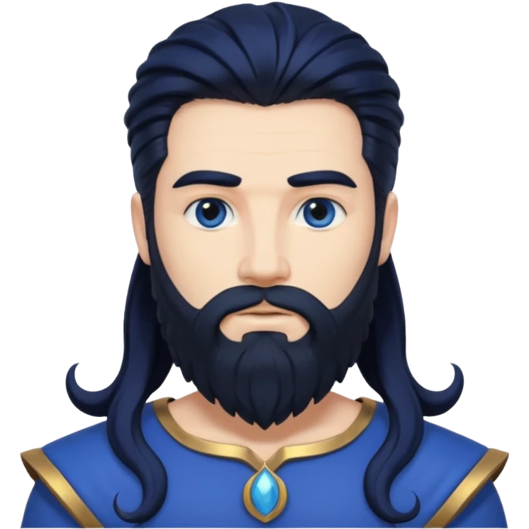 Neptune, Sea God from Rome Mythology with long jet black hair and beard, cobalt blue outfit emoji
