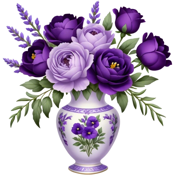 A dainty porcelain vase, hand-painted with delicate lavender pansies and deep purple roses, holds an elegant bouquet of amethyst-hued peonies, fragrant sprigs of wild lavender, and trailing silk ribbons, with a tiny heart-shaped charm dangling from its neck, swaying gently in the evening breeze.
 emoji