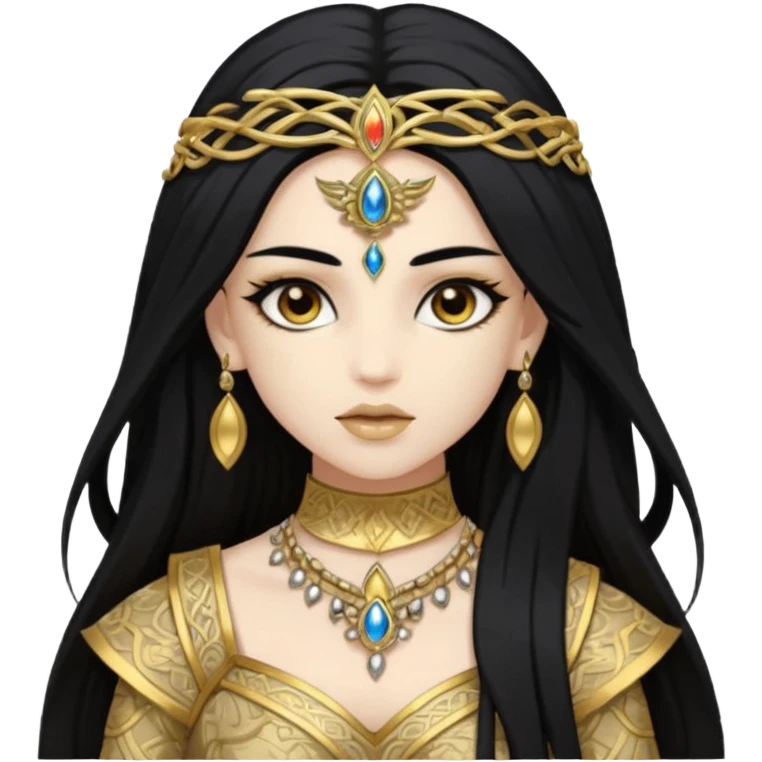 Akasha with white skin, brown eyes, black long hair, gold outfit emoji