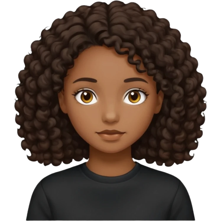 girl with brown skin, dark curly brown hair shoulder length and plain black crewneck t-shirt emoji