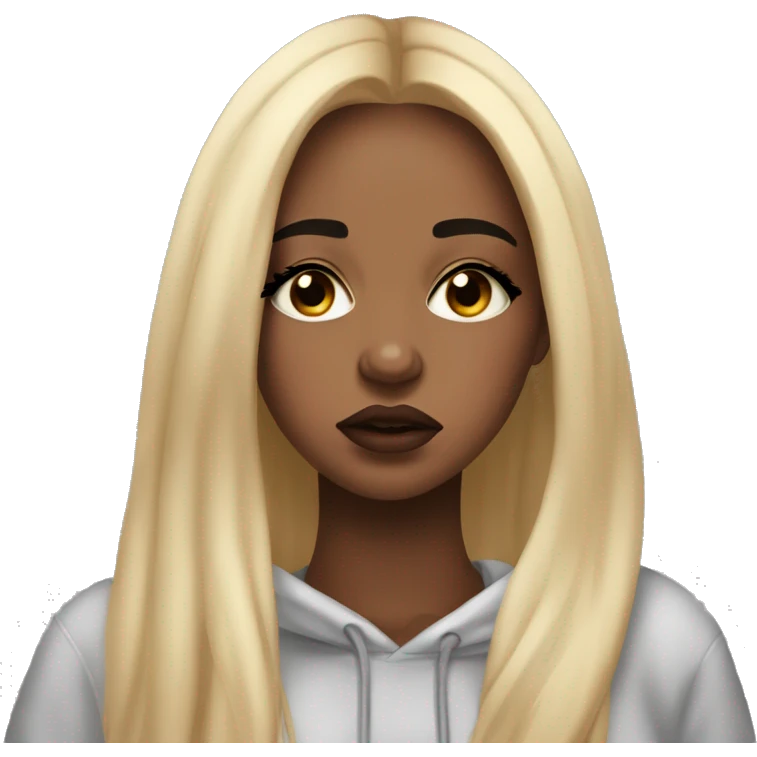 Sad tears in her eyes crying, Beautiful black woman with long waste length blonde hair , in a cozy sweatsuit in, girl wearing makeup long lashes thick glossy lips. she is crying, she is sad  emoji