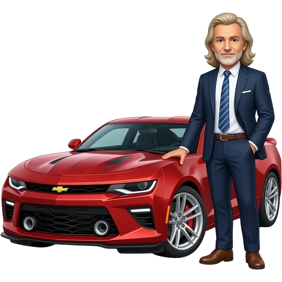 White guy long blond hair in his 50'sdressed nice and nice car can u make the car 2019 camaro ss with chrome wheels shiny paint emoji