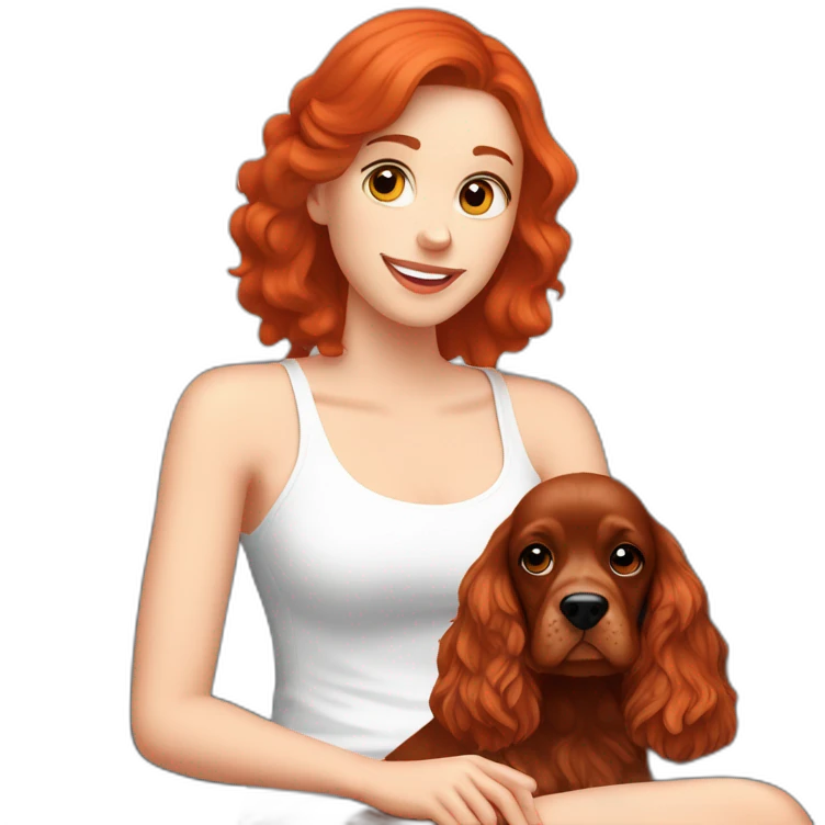 Red hair woman in white singlet sitting red english cocker spaniel on her lap emoji