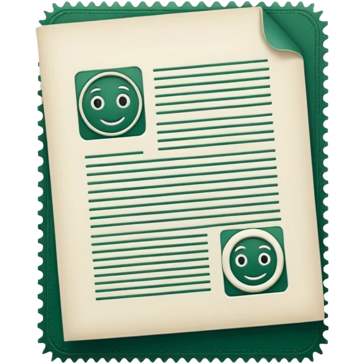 white document sheet with dark green stamp and small details, modern style, emoji style emoji