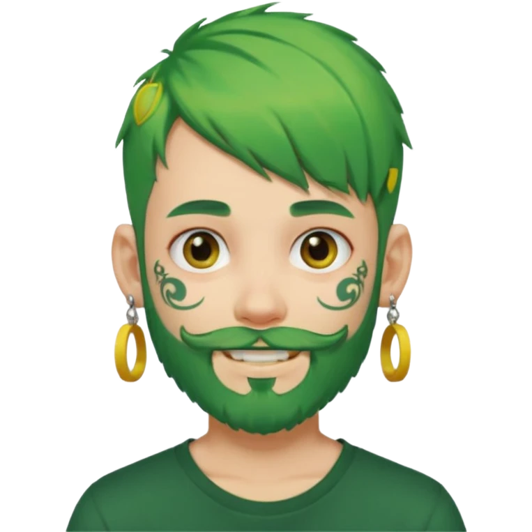boy with bangs and green hair and yellow small hairtie on side and earrings and very heavy face tattoos and beard emoji