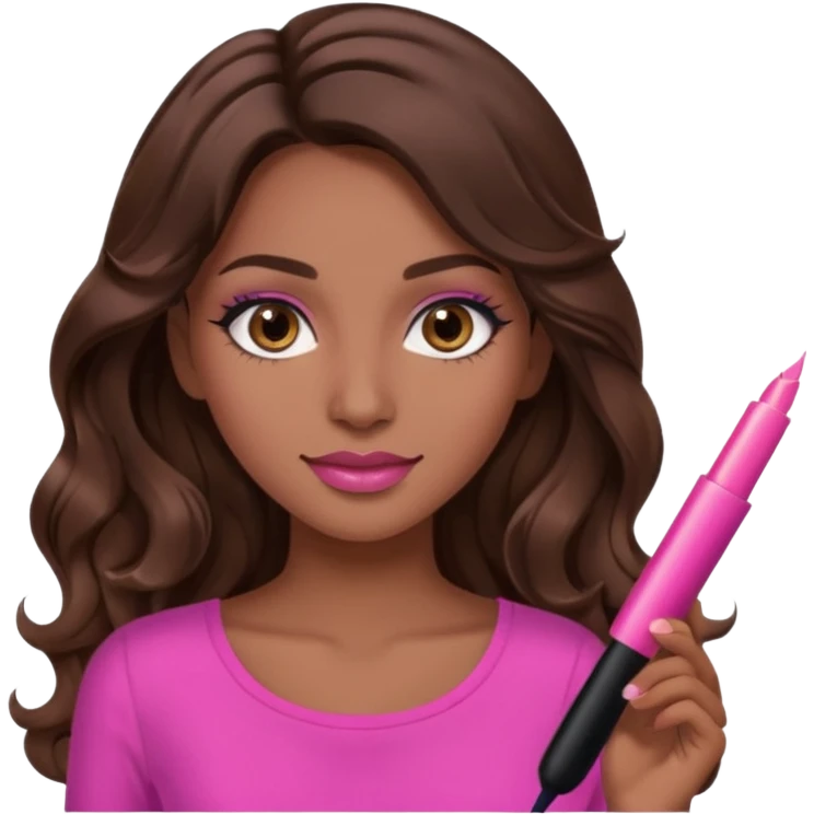gorgeous woman, light brown skin, dark brown eyes, long wavy brown hair, pink top, clear lipgloss, mascara  emoji