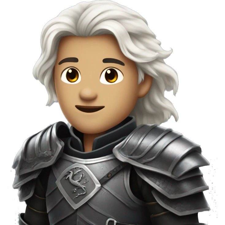 A young prince from house Targaryen with long silver hair with black armor evocative of a dragon emoji