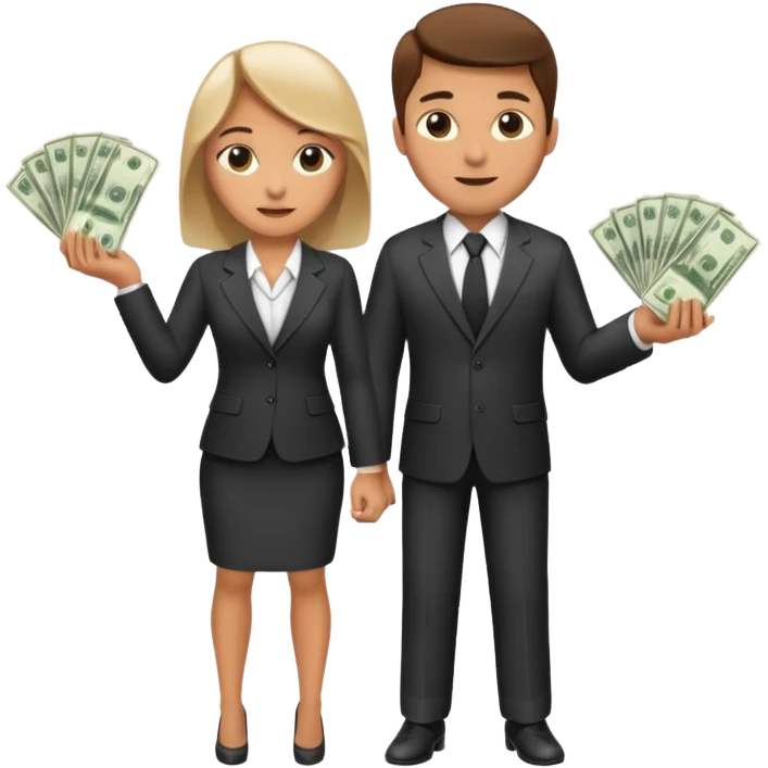 Una pareja (chico y chica de 28 años) vestidos con traje profesional y con dinero emoji