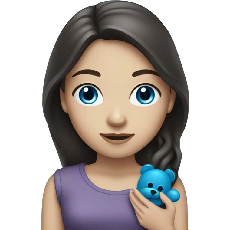 white girl with long dark hair, with blue eyes holding a toy doodle  emoji