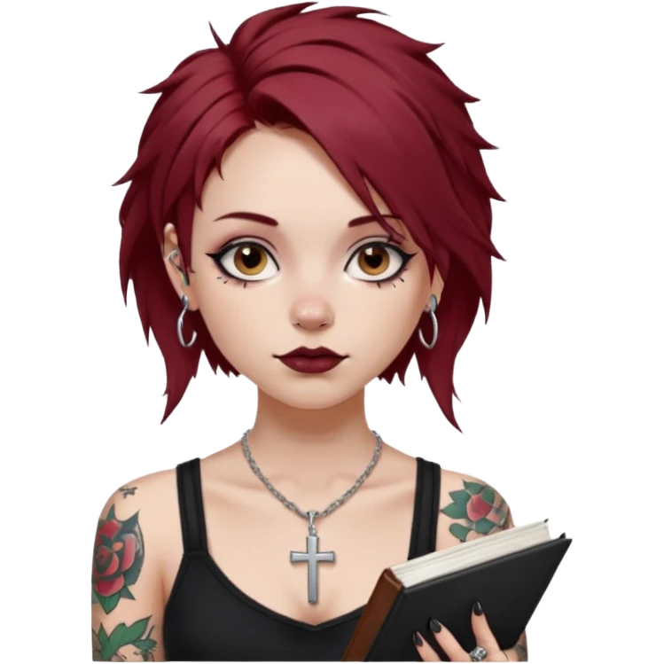 generate an ios genmoji of a girl with dark red messy hair with eyeliner on her eyes.  septum piercing, wearing a cami black top, has tattoos, on shoulders. ear piercings. wearing a cross silver necklace. Holding an overfilled sketchbook emoji
