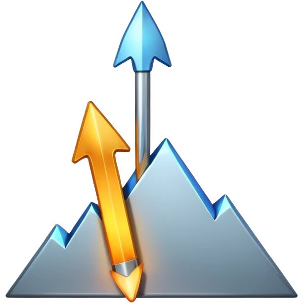 a bold upward arrow emerging from a glowing base, with metallic edges and bright highlight emoji