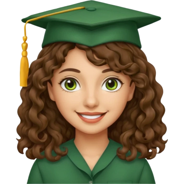 beautiful  womanolive skin with wavy-curly long brown hair and green eyes with school hat emoji
