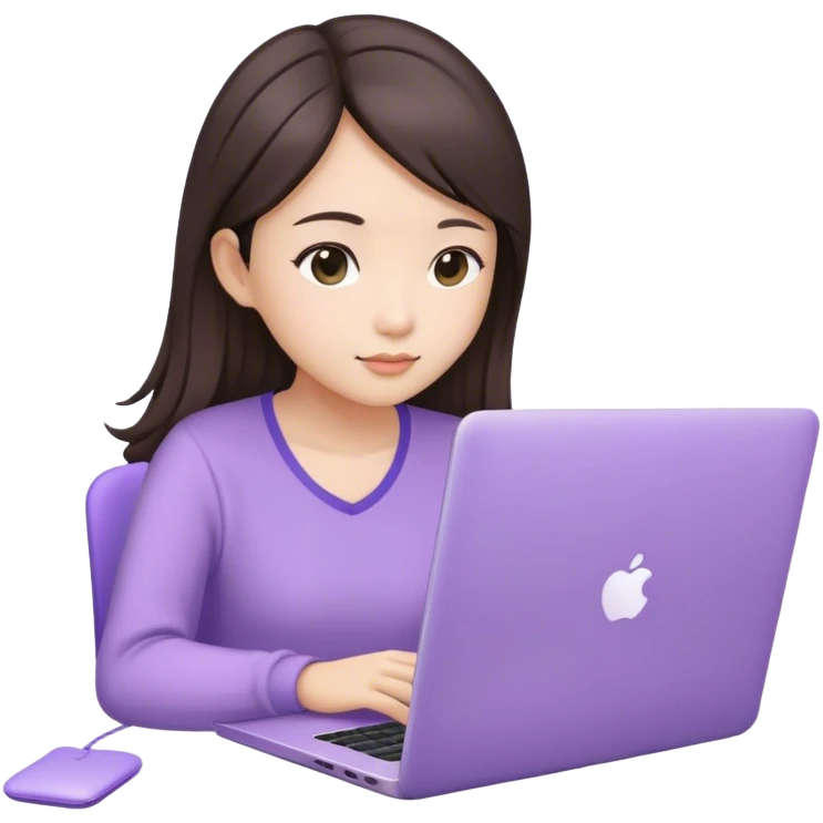 Long hair brunette Asian girl working on lavender laptop emoji