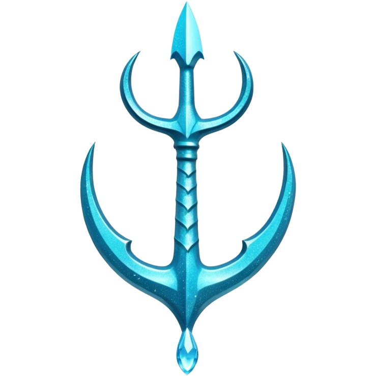 Cyan Poseidon's trident with glitter and water effects around it. emoji