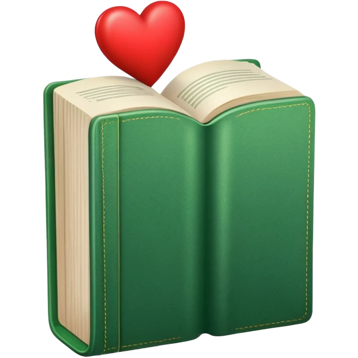 green book standing upright with visible pages and a red heart peeking out from behind the book emoji