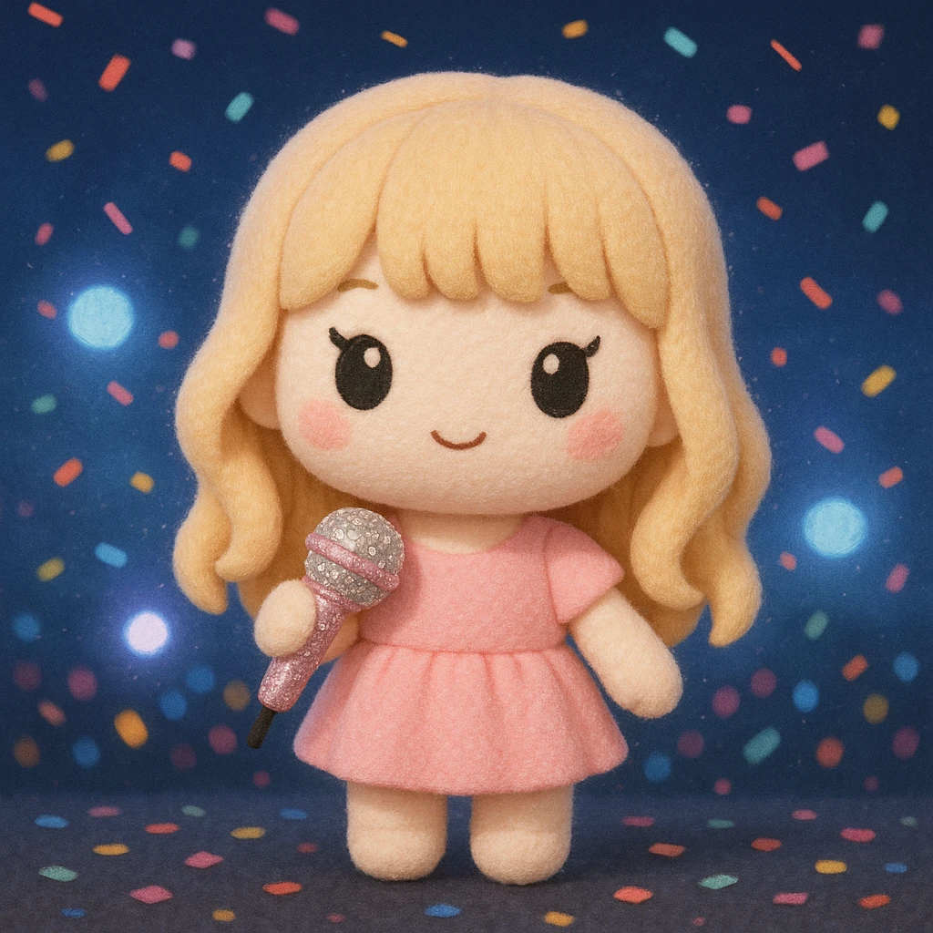 Pretty and girly Blonde pop star with bangs, holding a bedazzled microphone, reimagined as a soft kawaii plushie doll, with a nighttime concert backdrop with colorful confetti emoji