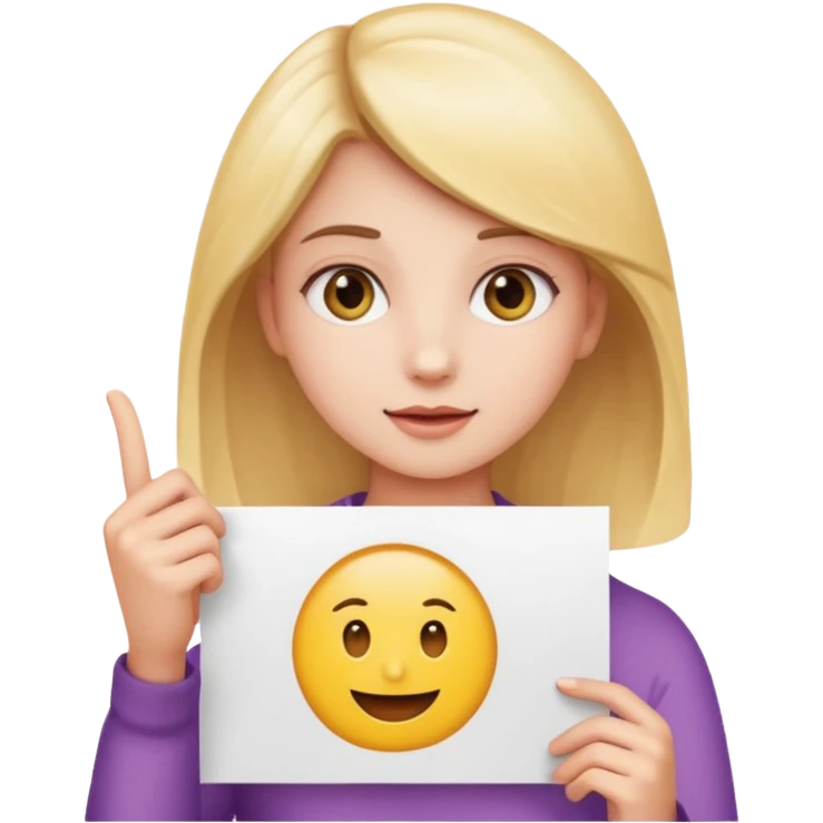 close up of a girl holding a white poster in front of her, with the girl visible on the side of the poster, emoji style emoji