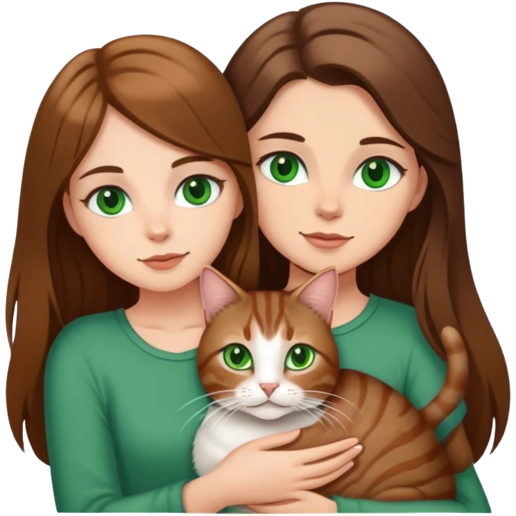 white girl with brown long hair green eyes with a tabby cat emoji