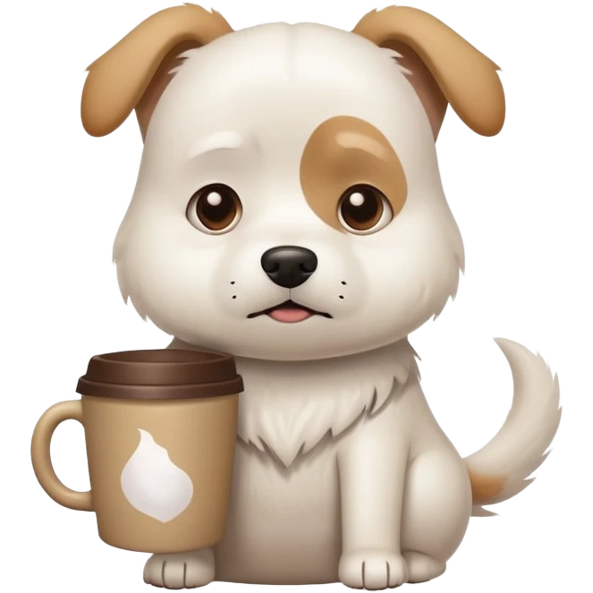 A white dog holding a coffee cup looking stressed and busy emoji