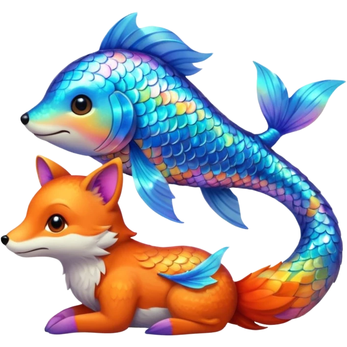 Make the rainbow fish glow a little larger, hugging or cuddling the fox emoji