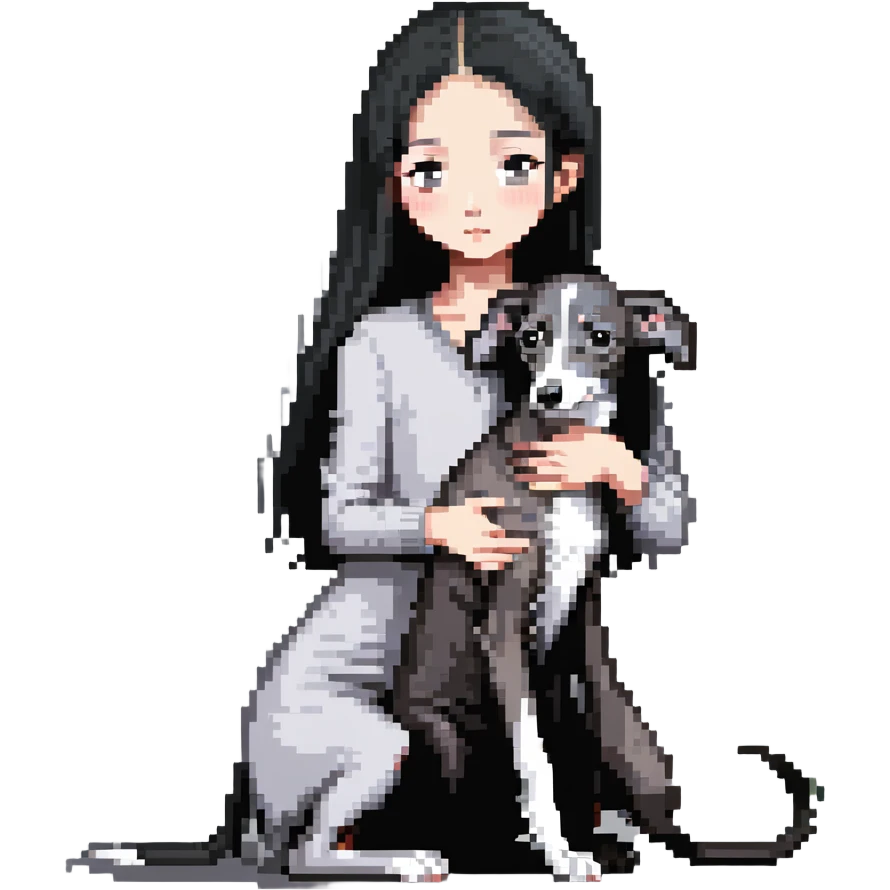 Slim Chinese girl with long black hair petting an Italian greyhound with completely uniform solid grey color throughout its entire body and face, with no white markings anywhere emoji